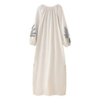Women's Solid-Color Cotton Linen Embroidery Crew Neck Split Loose Maxi Dress