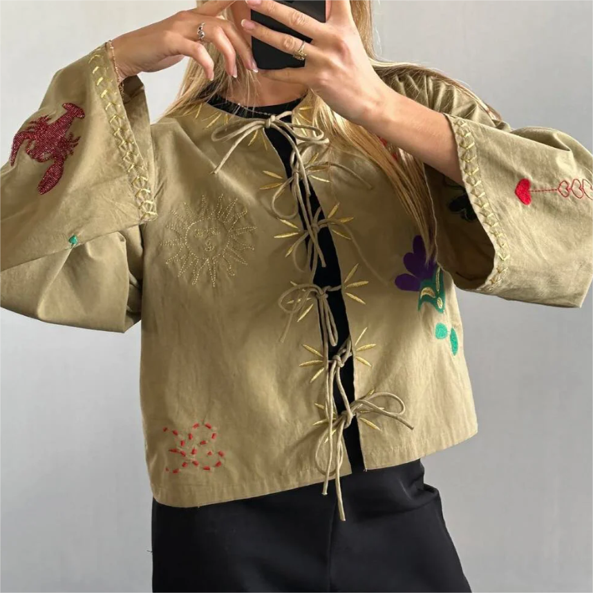 Women's Spring Autumn Women Clothing Round Neck Tied Embroidered Loose All Matching Long Sleeve Coat Top