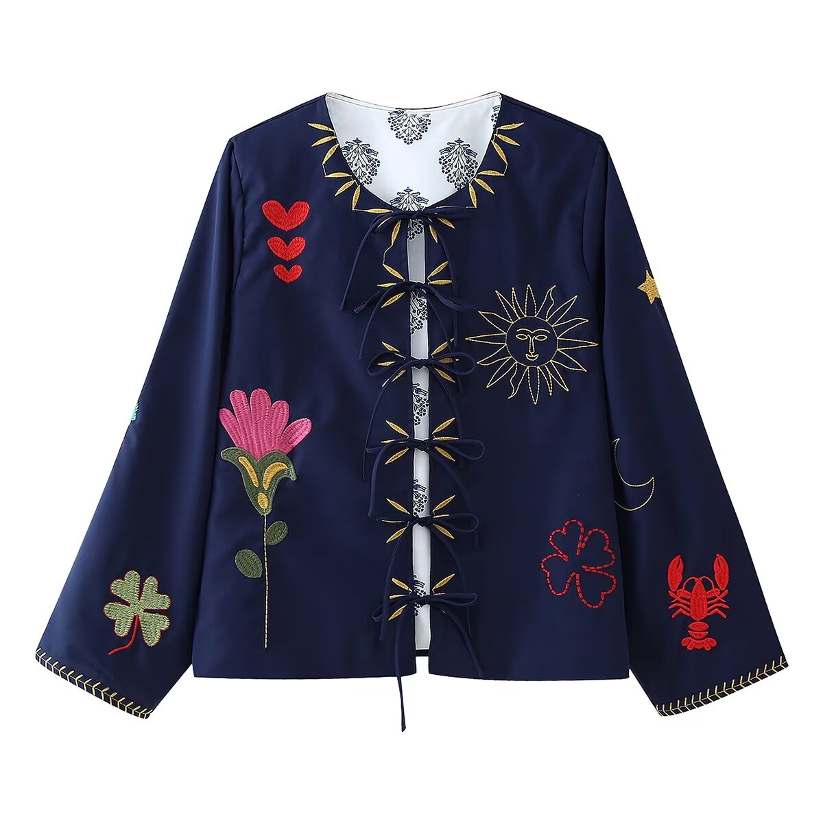 Women's Spring Autumn Women Clothing Round Neck Tied Embroidered Loose All Matching Long Sleeve Coat Top