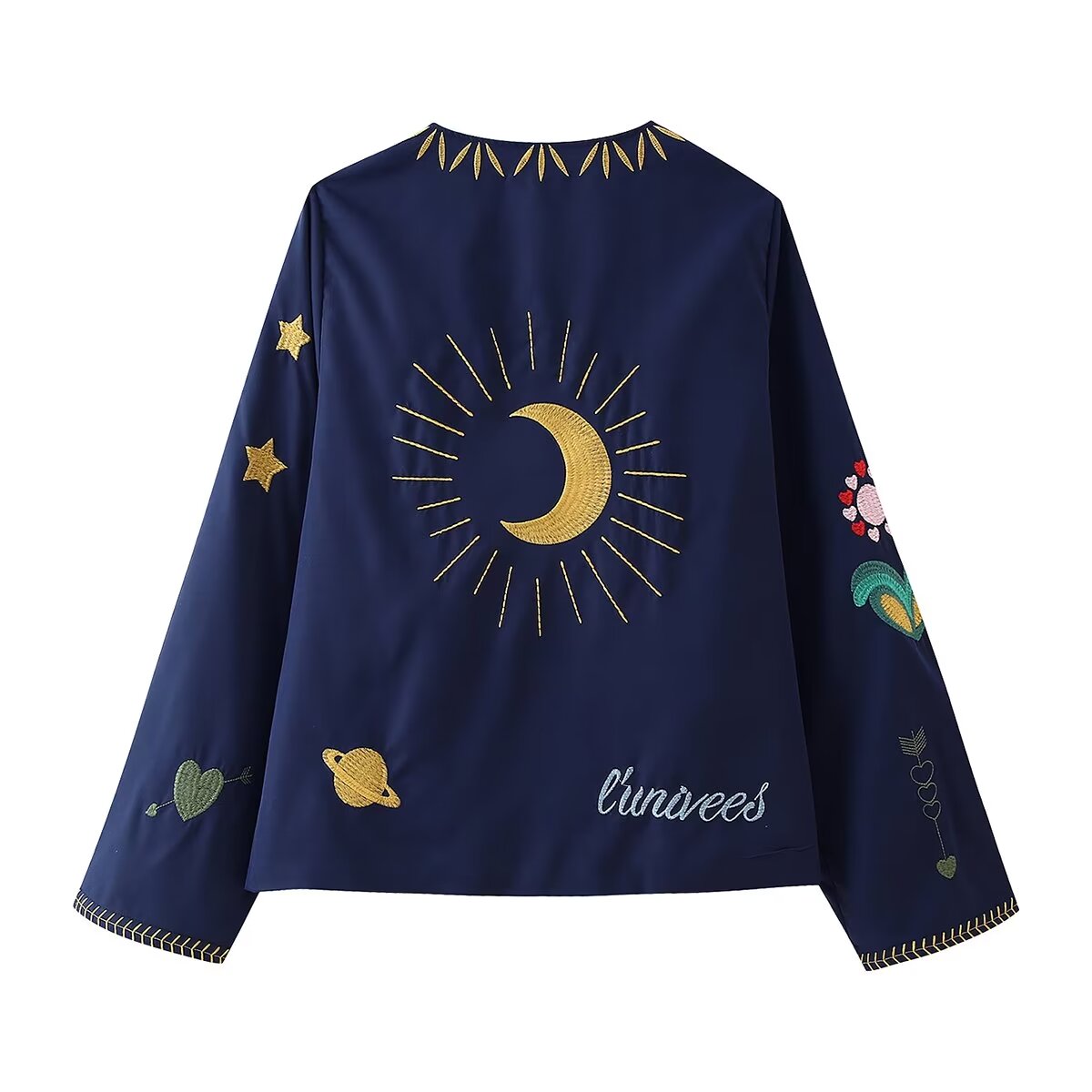 Women's Spring Autumn Women Clothing Round Neck Tied Embroidered Loose All Matching Long Sleeve Coat Top