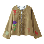 Women's Spring Autumn Women Clothing Round Neck Tied Embroidered Loose All Matching Long Sleeve Coat Top