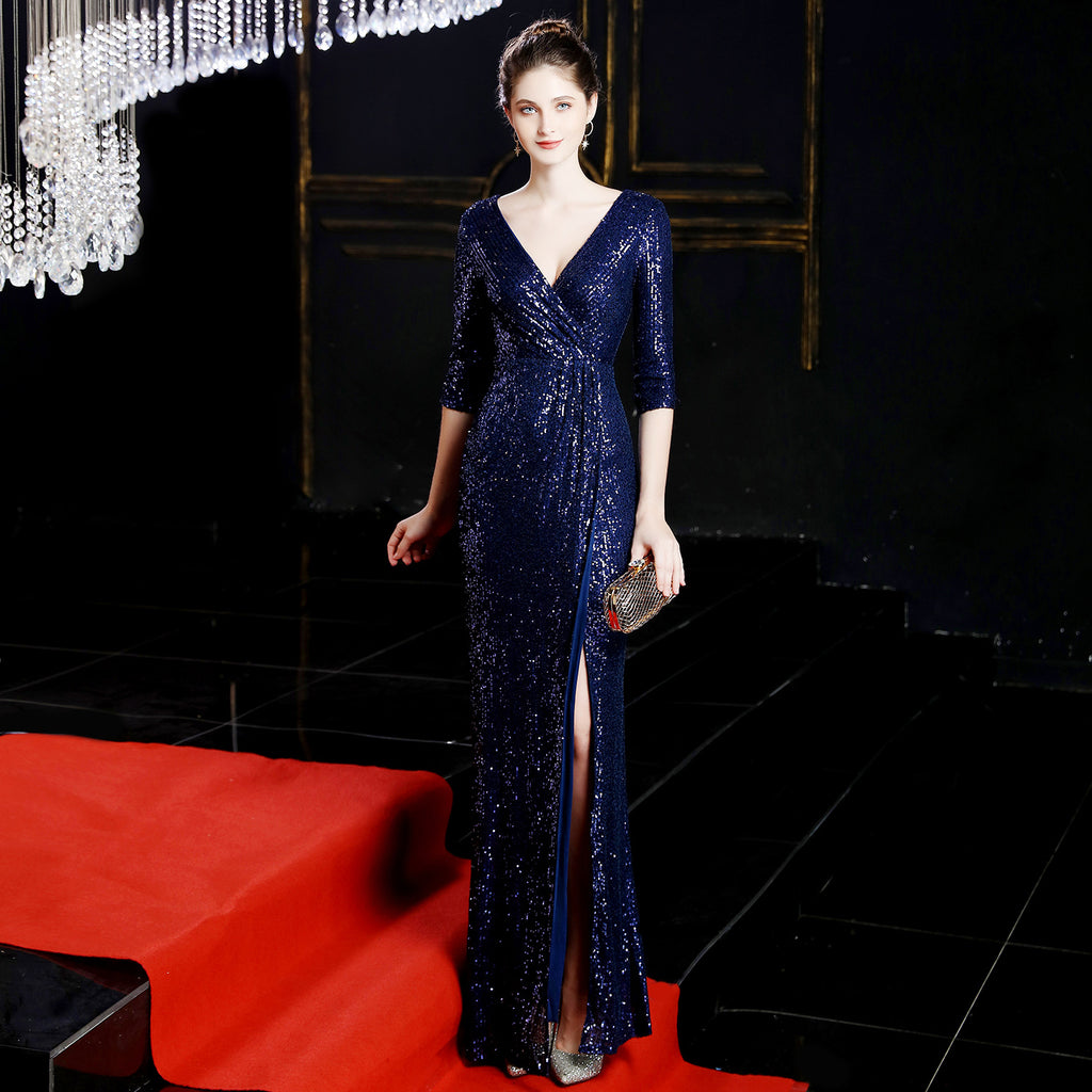 Women's Banquet Elegant Long Sleeve Sequin Aura Queen Fishtail Dress