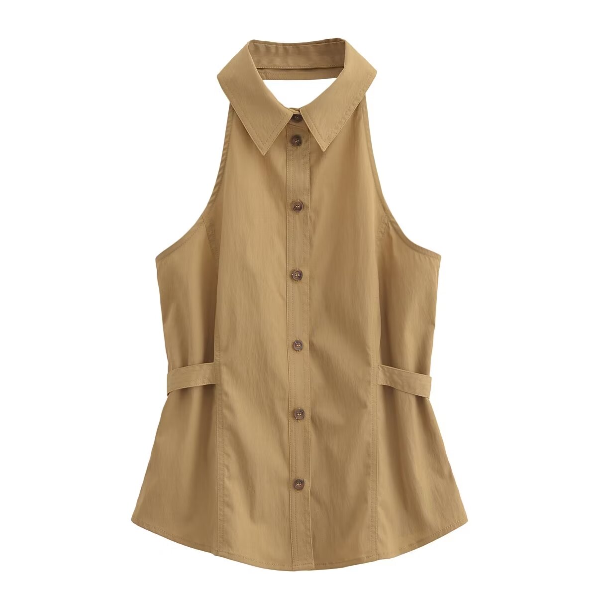 Women's Spring Women Buckle Waistband Hanging Collar Top