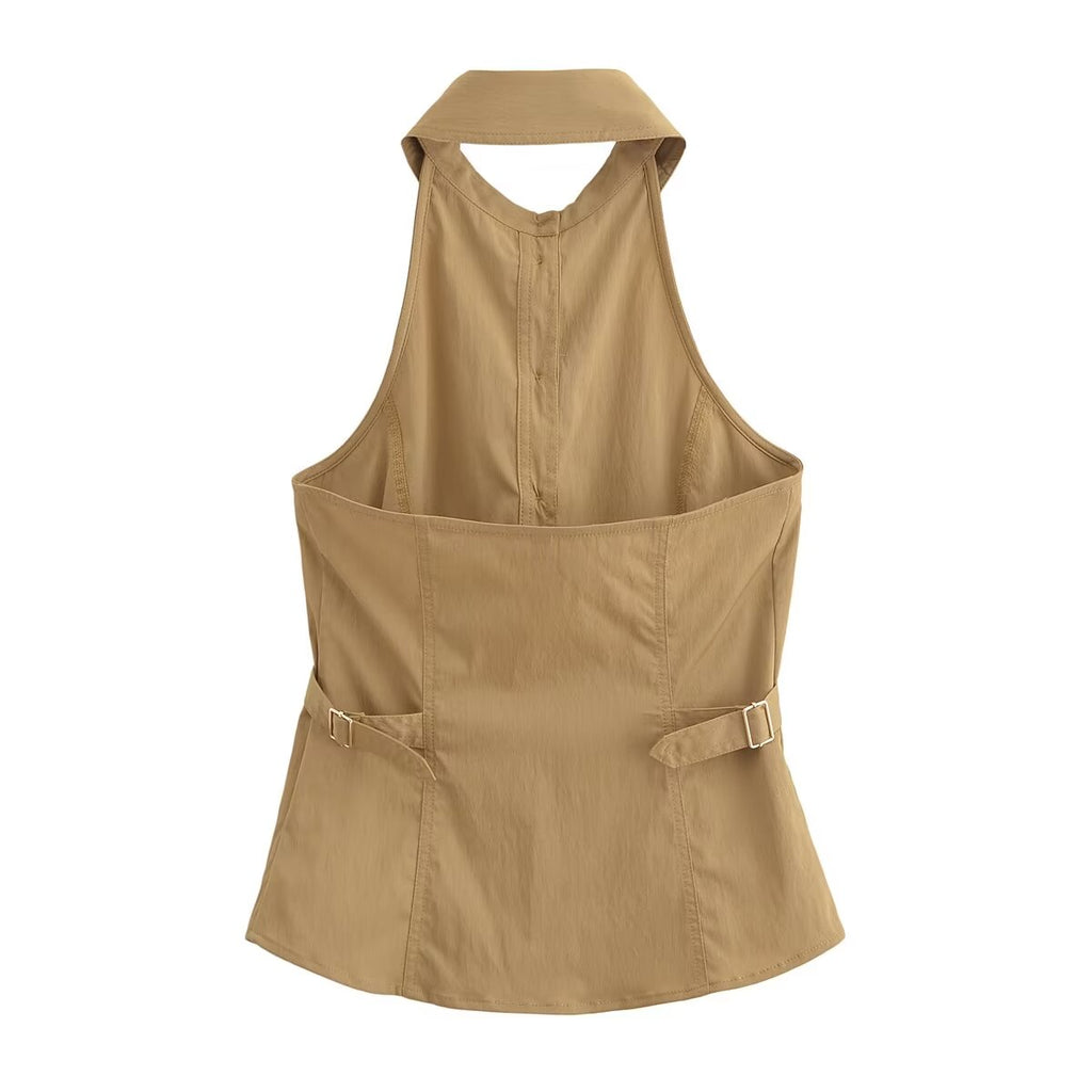 Women's Spring Women Buckle Waistband Hanging Collar Top