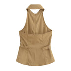 Women's Spring Women Buckle Waistband Hanging Collar Top