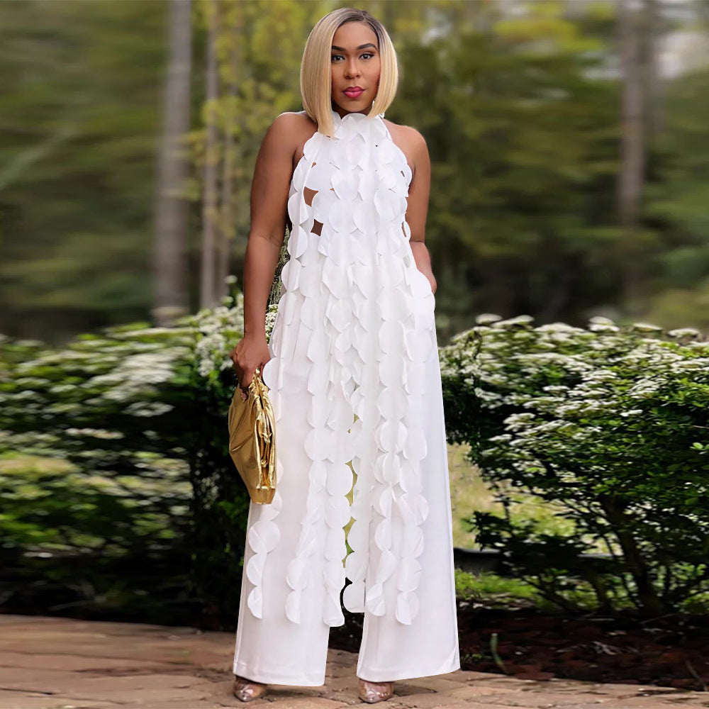 Backless Lace Up Long Shirt Wide Leg Pants Suit Set