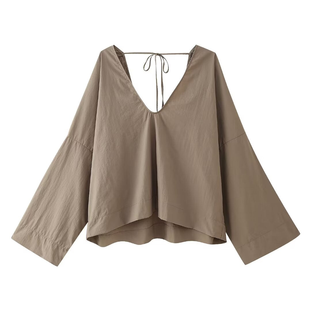 Summer Drawstring Design Blouse Pleated Effect Casual Pants