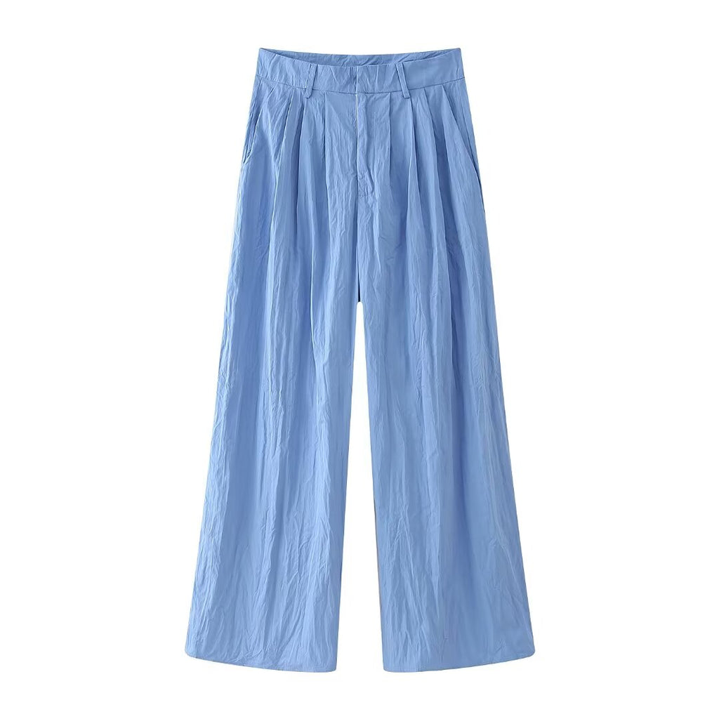 Summer Slim Fit Pleated Oblique Shoulder Tops Casual Trousers Suit Set