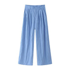 Summer Slim Fit Pleated Oblique Shoulder Tops Casual Trousers Suit Set