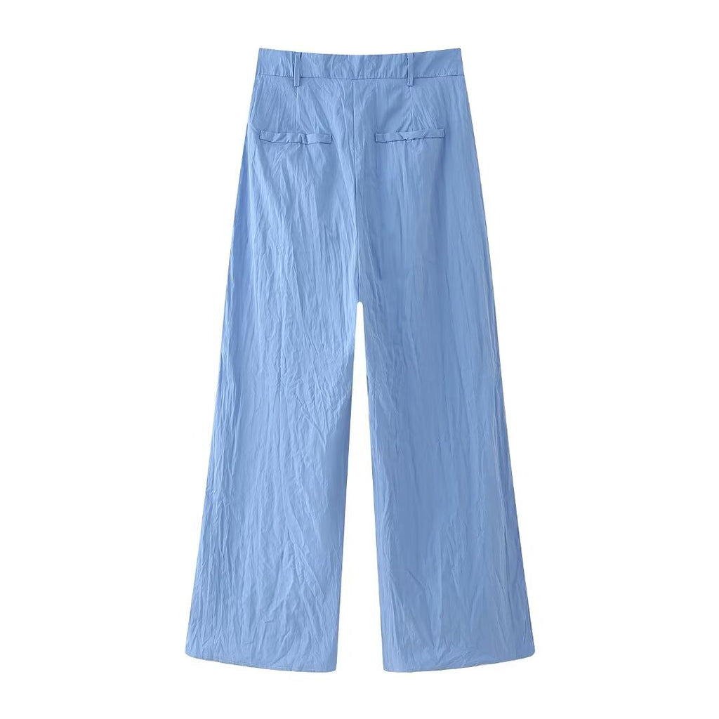 Summer Slim Fit Pleated Oblique Shoulder Tops Casual Trousers Suit Set