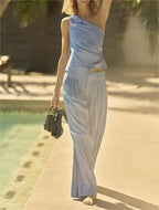 Summer Slim Fit Pleated Oblique Shoulder Tops Casual Trousers Suit Set