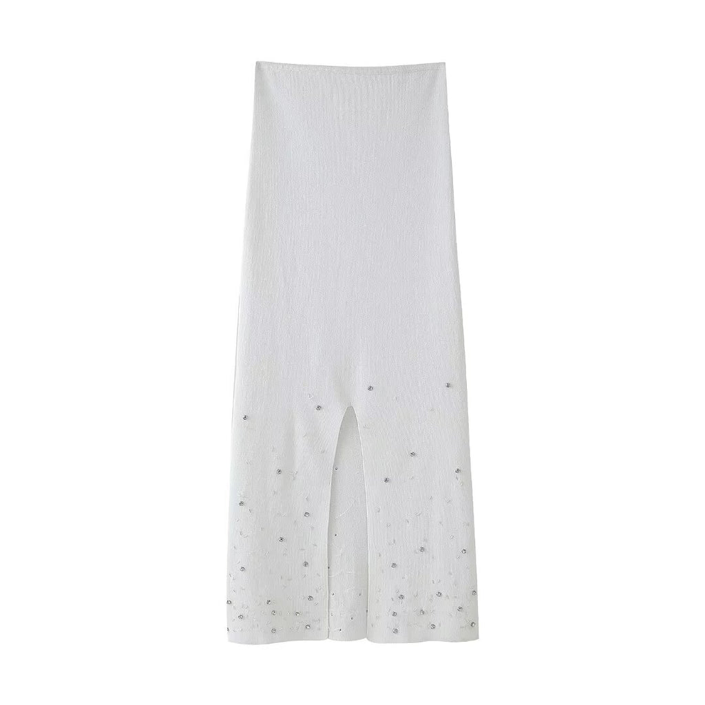 Women's Beaded Short Knitted Top Midi Skirt Knitted Skirt Set