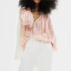 Women's Spring Lace V Neck Stand Collar Long Sleeve Shirt