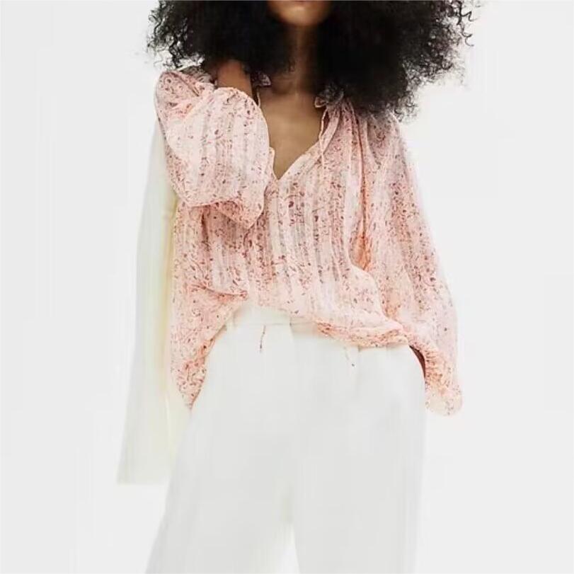 Women's Spring Lace V Neck Stand Collar Long Sleeve Shirt