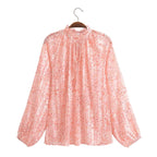 Women's Spring Lace V Neck Stand Collar Long Sleeve Shirt