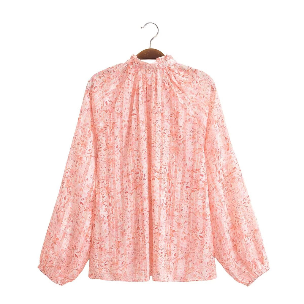 Women's Spring Lace V Neck Stand Collar Long Sleeve Shirt