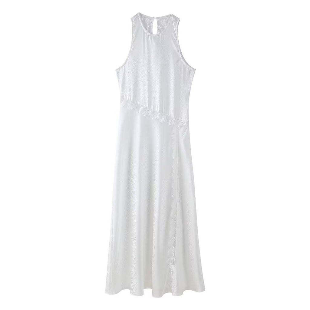 Solid-Color Pullover Round-Neck Sleeveless Lace Jacquard Maxi Dress