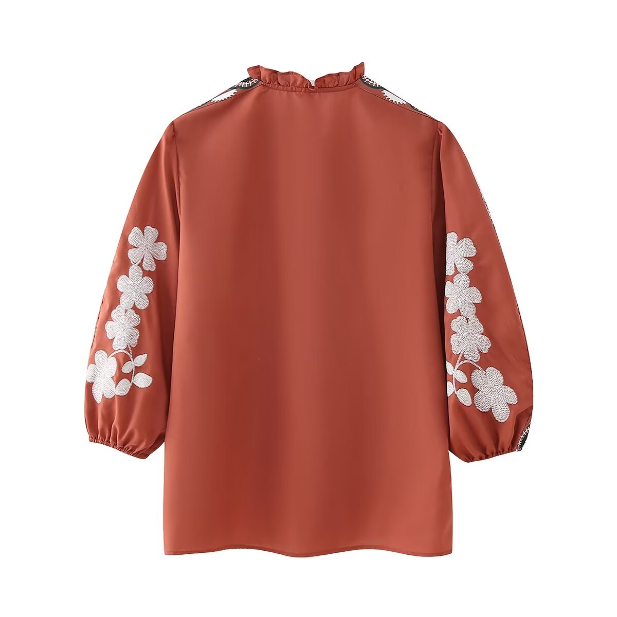 Women's Selvedge Stand Collar Embroidered Lantern Sleeve Loose Shirt