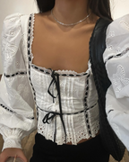 Women's Summer Women Clothing French Square Collar Bow Lace Up Embroidered Top