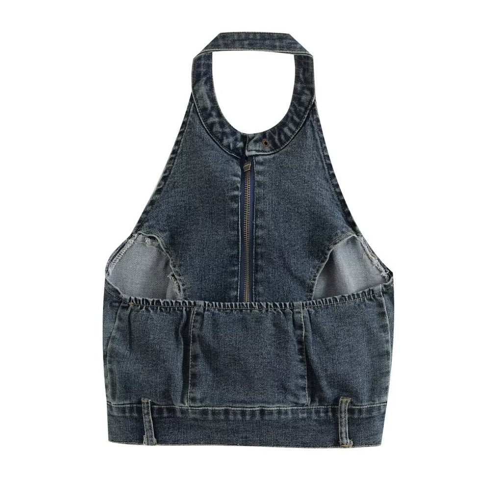 Retro Halter Backless Slim Fit Denim Vest Top