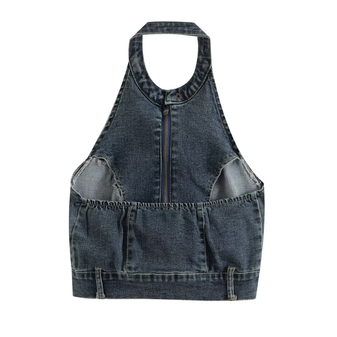 Retro Halter Backless Slim Fit Denim Vest Top