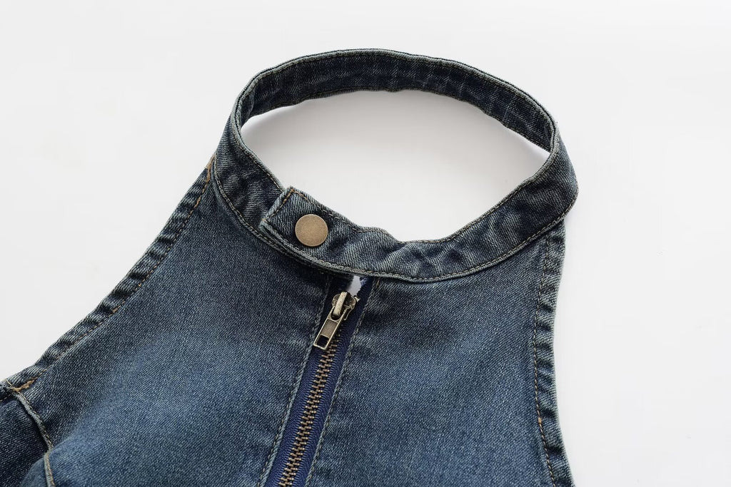 Retro Halter Backless Slim Fit Denim Vest Top