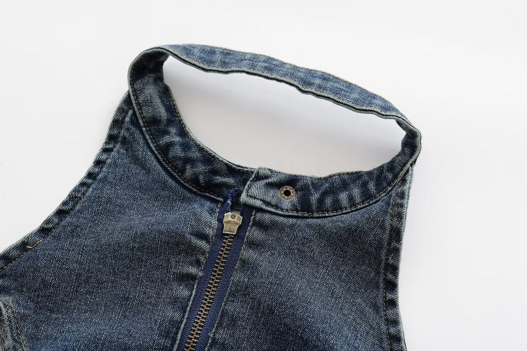 Retro Halter Backless Slim Fit Denim Vest Top