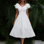 Women's Lace Flutter Sleeve Embroidered A-Line Midi Dress