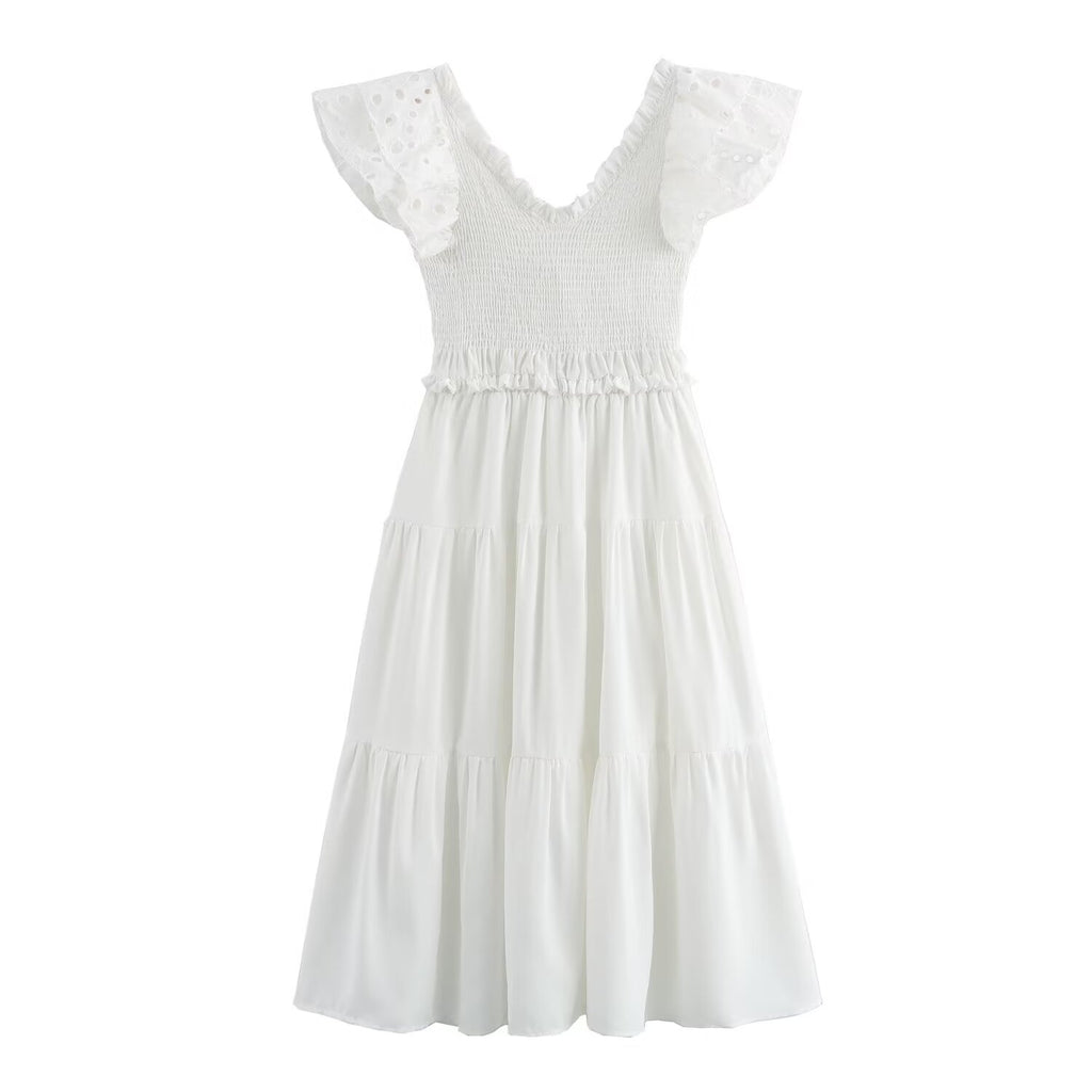 Women's Lace Flutter Sleeve Embroidered A-Line Midi Dress