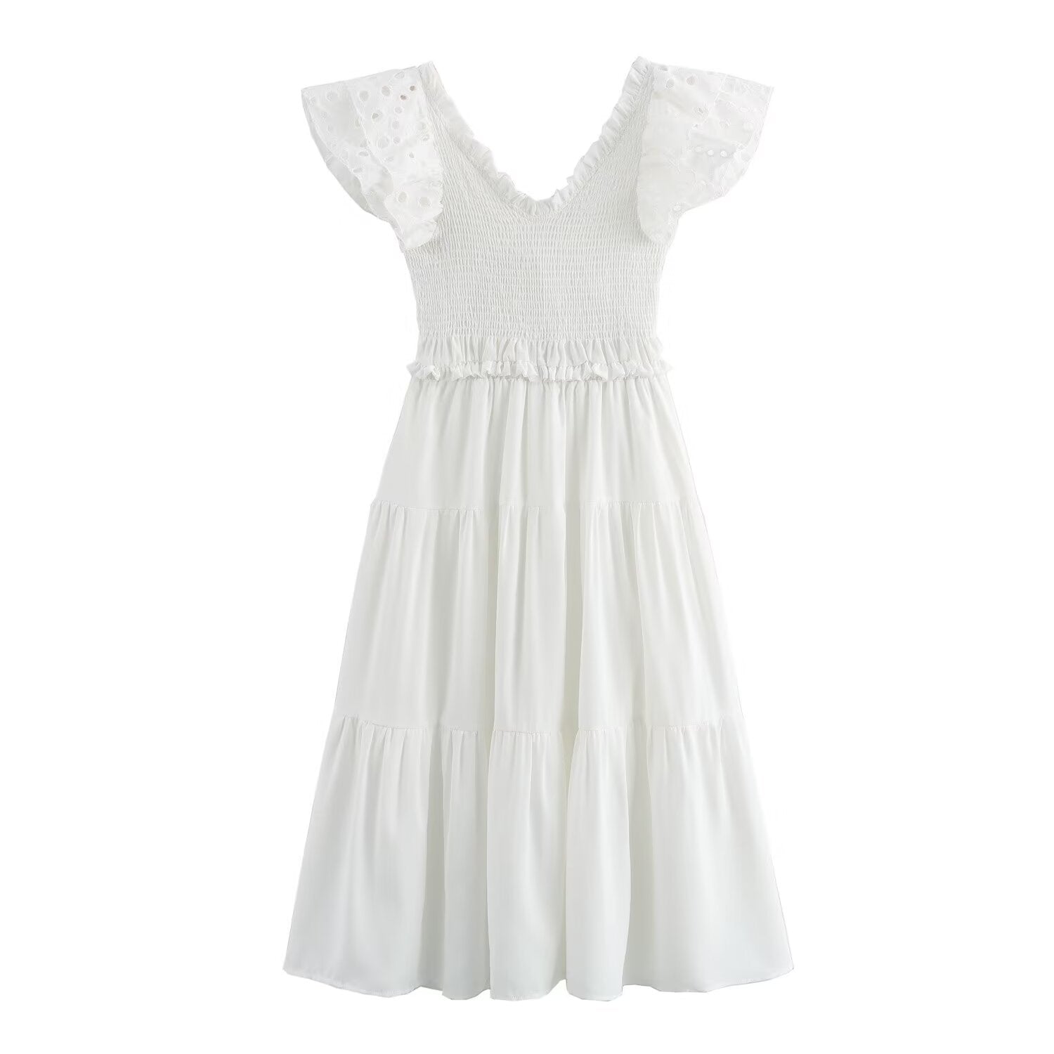Women's Lace Flutter Sleeve Embroidered A-Line Midi Dress