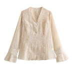 Women's Clothing Summer Texture Blooming Fabric Bell Sleeve V Neck Top