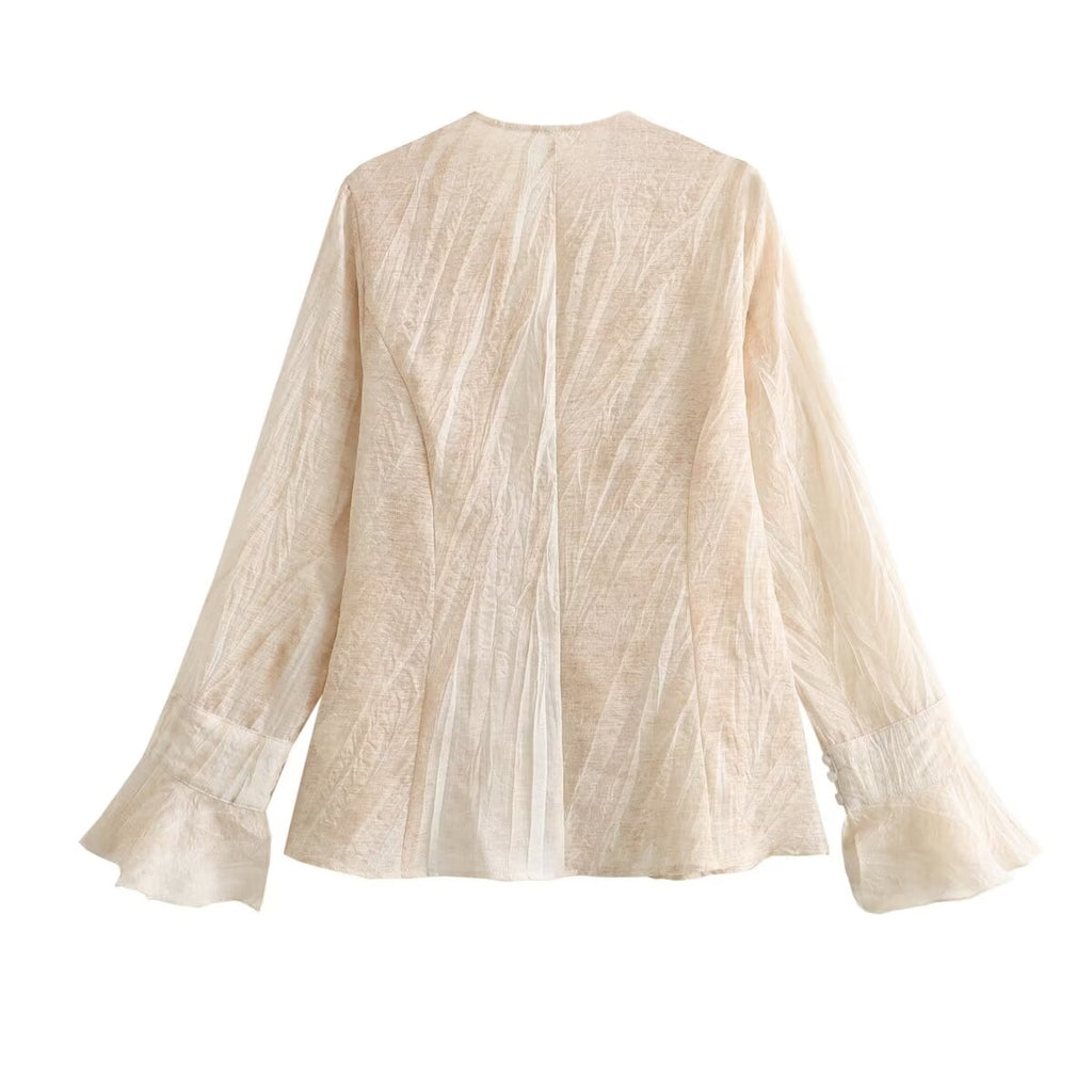 Women's Clothing Summer Texture Blooming Fabric Bell Sleeve V Neck Top