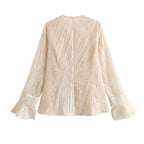 Women's Clothing Summer Texture Blooming Fabric Bell Sleeve V Neck Top