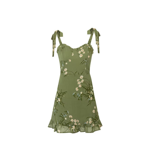 Spring Pastoral Lotus Leaf Green Lace Printed Lace up Sling Dress