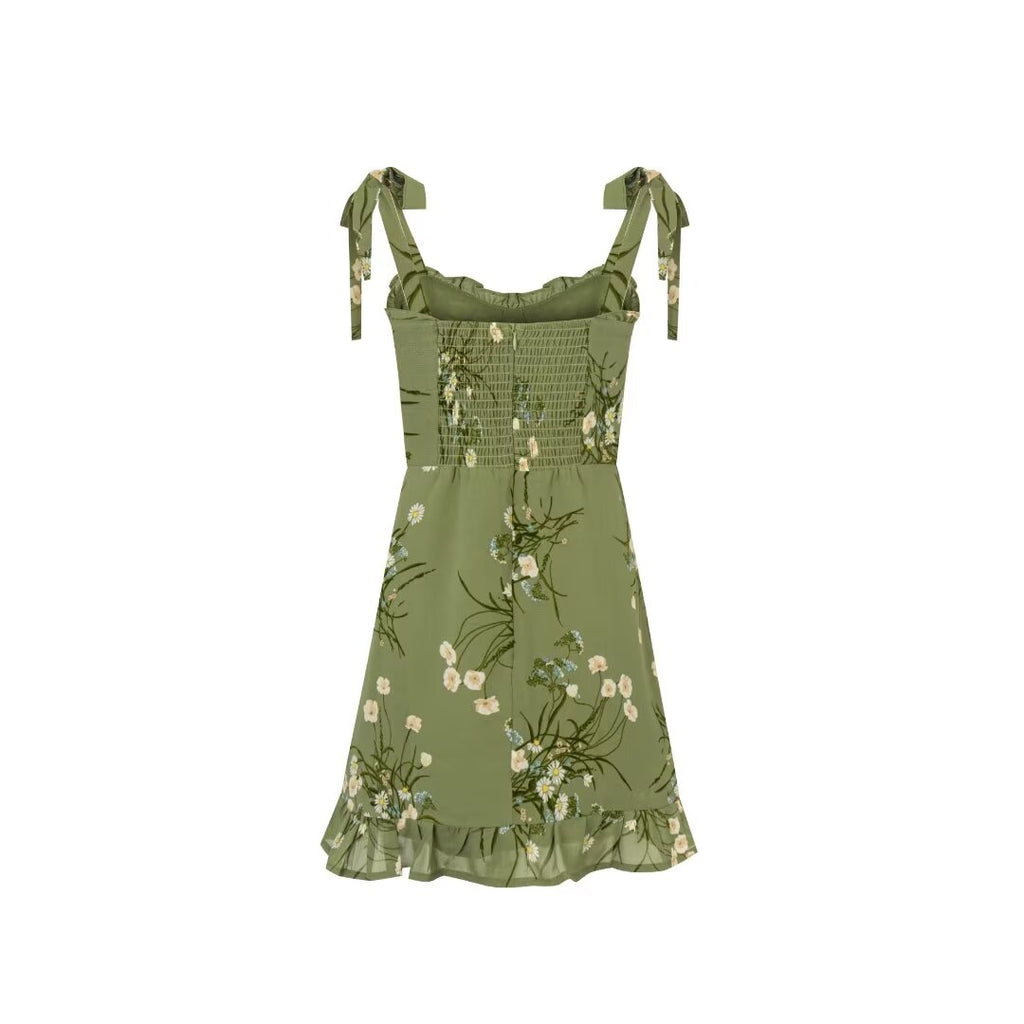 Women's Spring Pastoral Lotus Leaf Green Lace Printed Dress