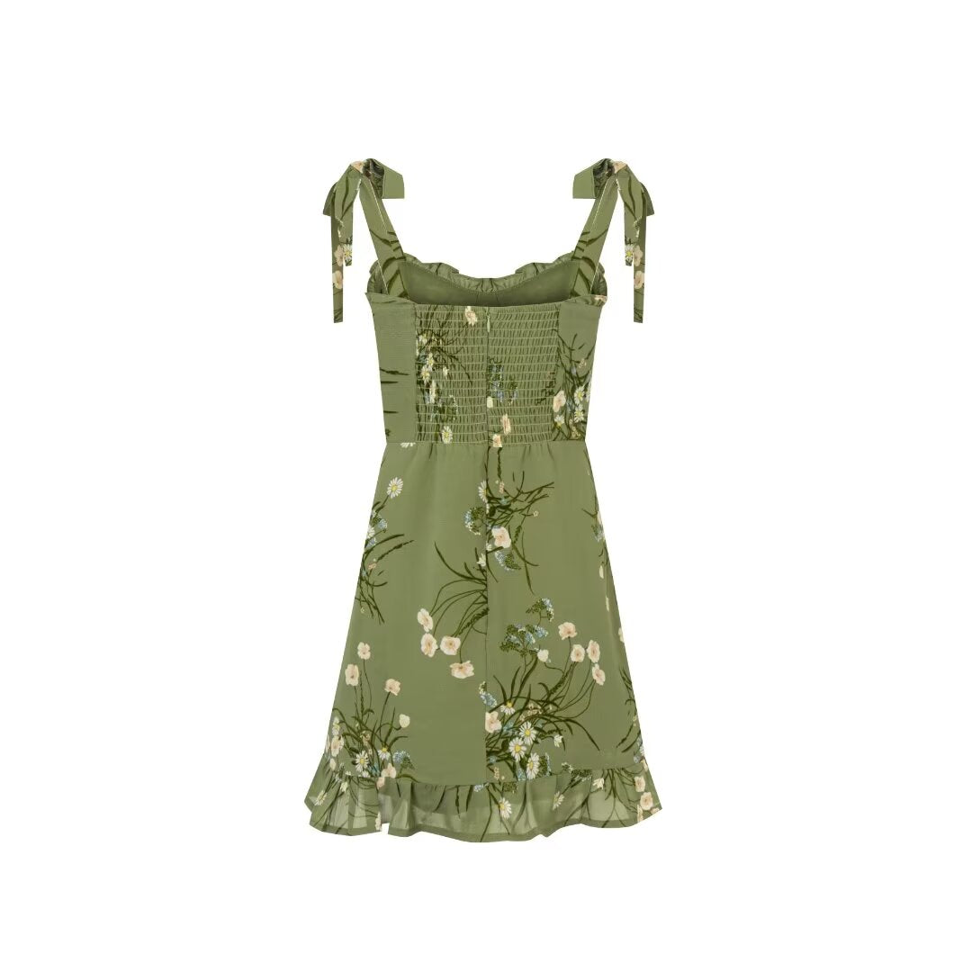 Women's Spring Pastoral Lotus Leaf Green Lace Printed Dress