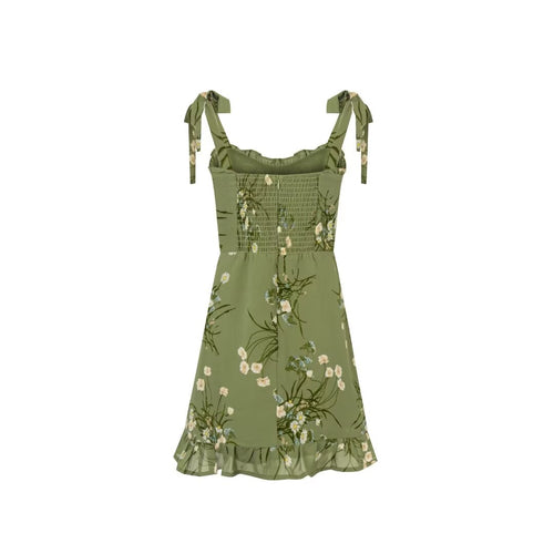 Spring Pastoral Lotus Leaf Green Lace Printed Lace up Sling Dress