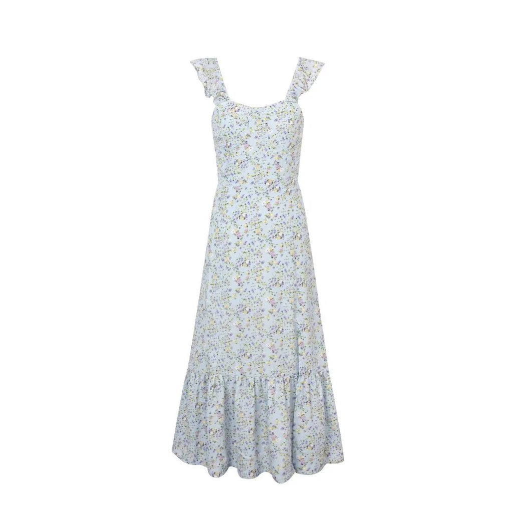 Women's Floral Seaside Midi Square-Neck Wooden Ear Sleeveless Vest Dress