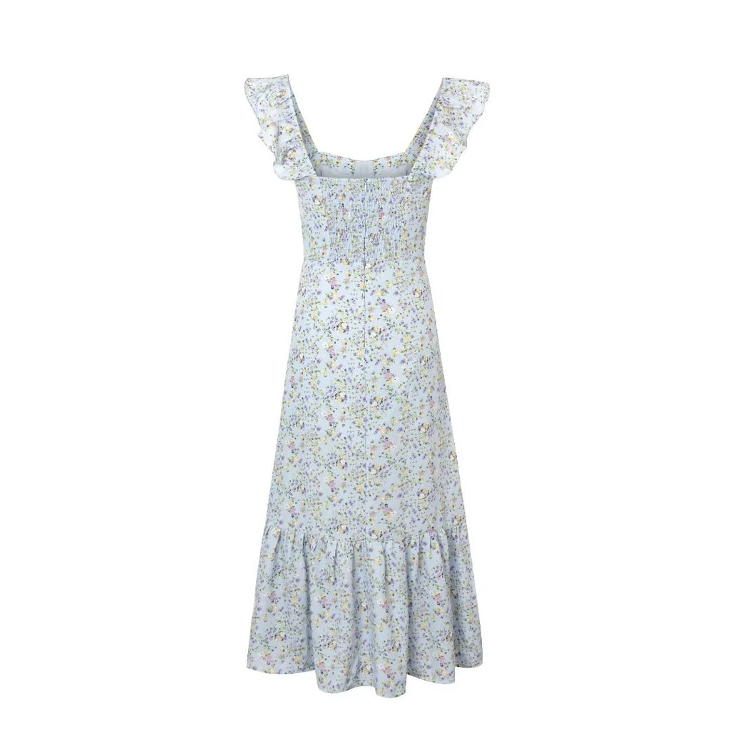 Women's Floral Seaside Midi Square-Neck Wooden Ear Sleeveless Vest Dress