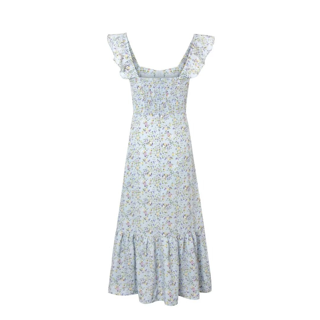 Women's Floral Seaside Midi Square-Neck Wooden Ear Sleeveless Vest Dress