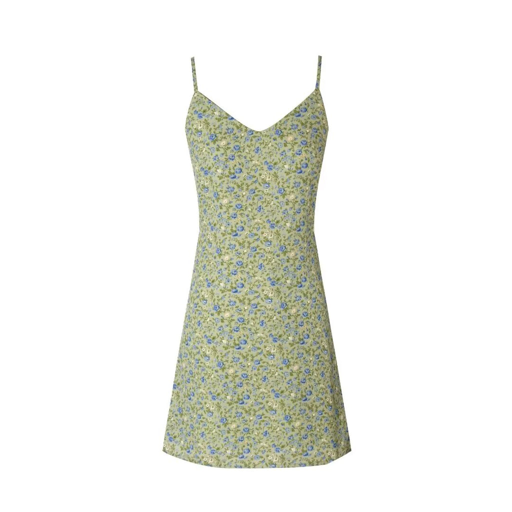 Women's French Pastoral Floral Slip Summer V Neck Tight Dress