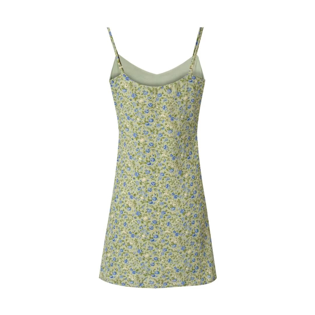 Women's French Pastoral Floral Slip Summer V Neck Tight Dress