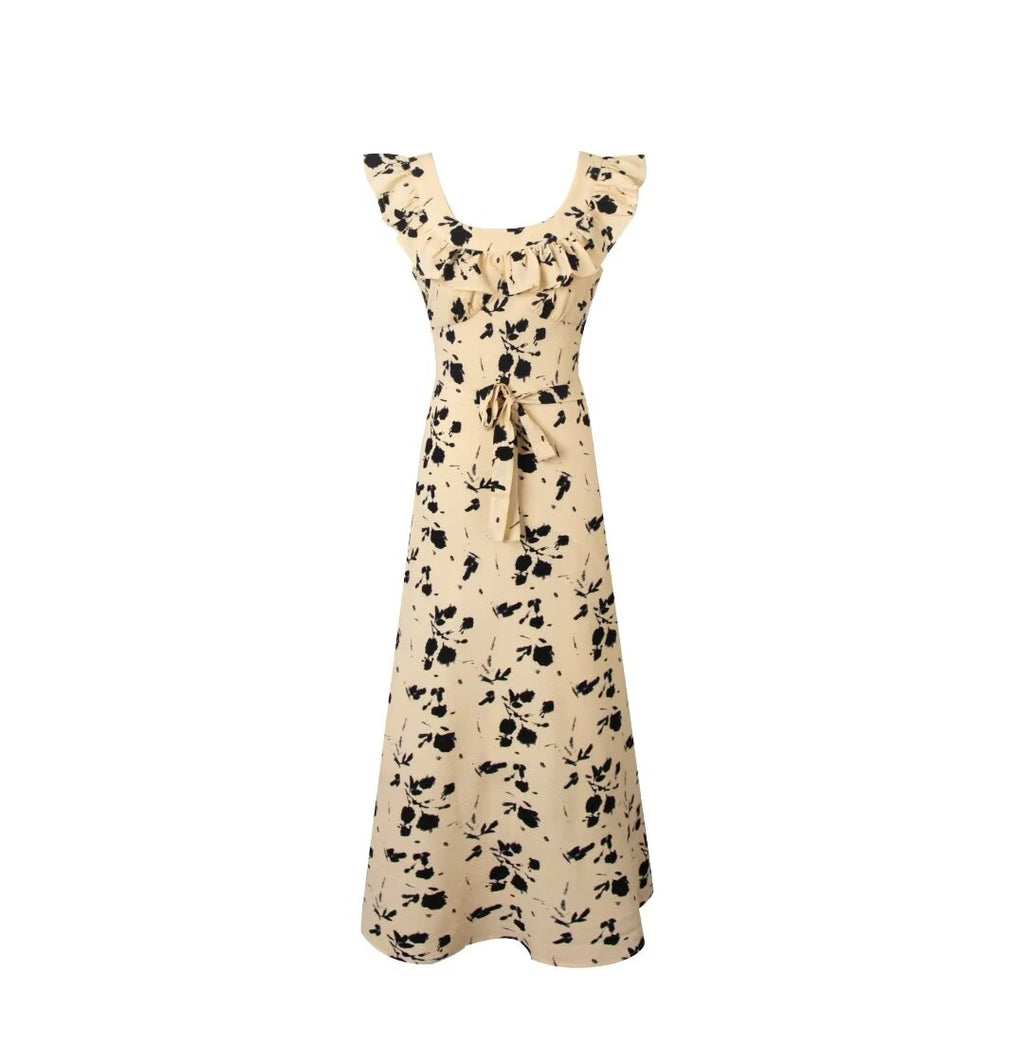 Printed Square-Neck Flutter-Sleeve Midi Dress
