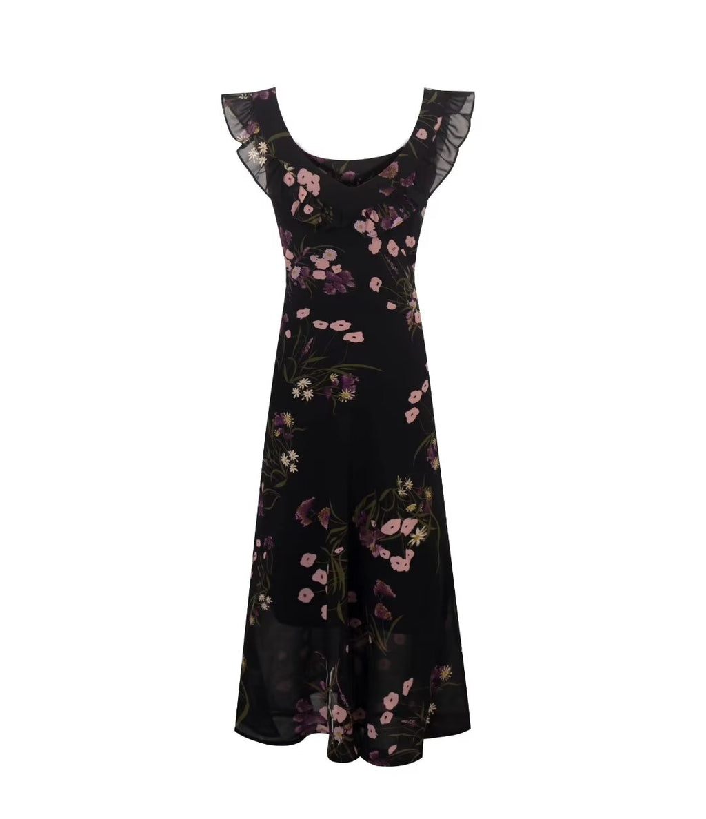 Women's V Neck Ruffled Two Way Suspender Dress Women Printed Slim Fit Tied Midi Dress