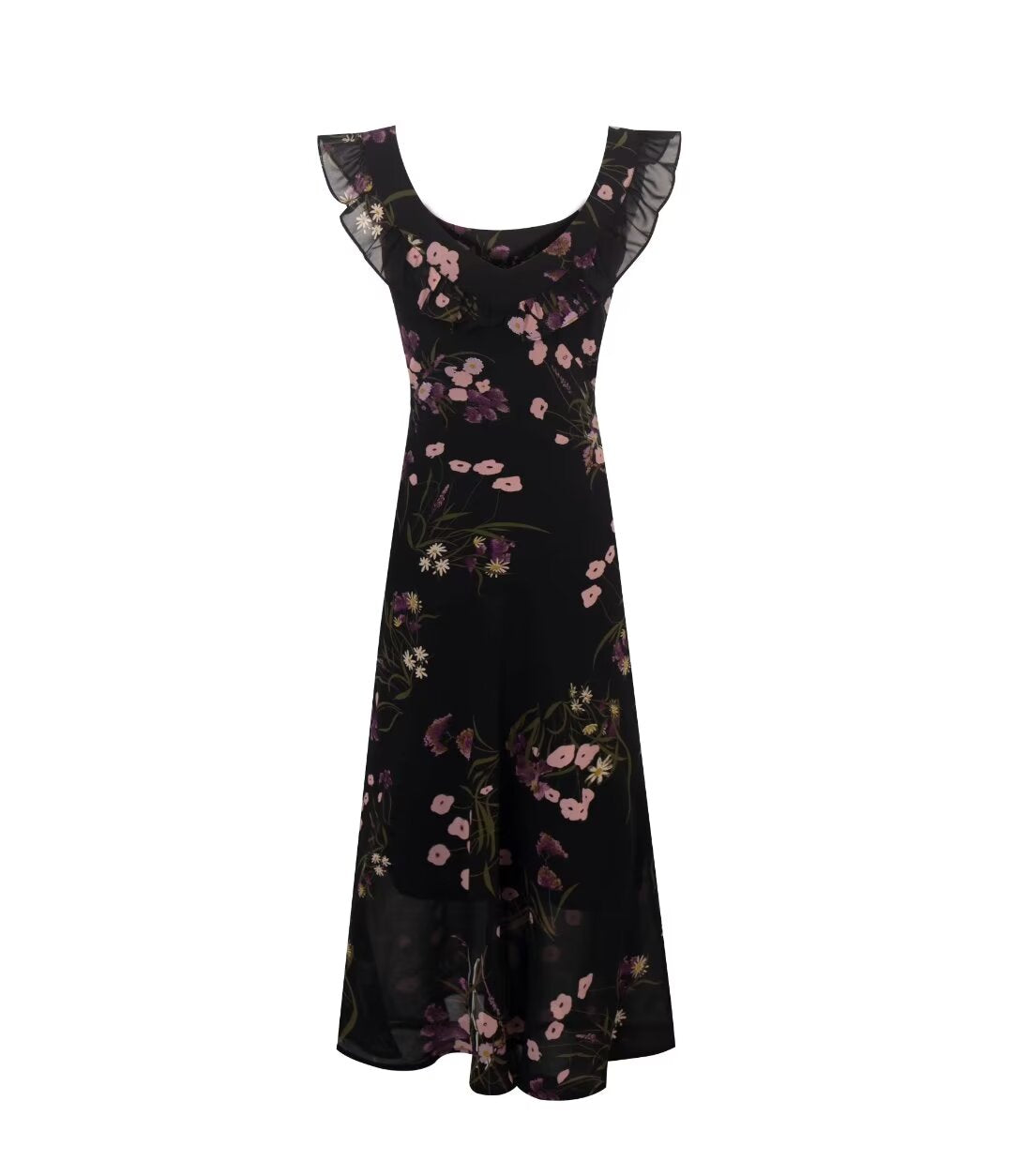 Women's V Neck Ruffled Two Way Suspender Dress Women Printed Slim Fit Tied Midi Dress