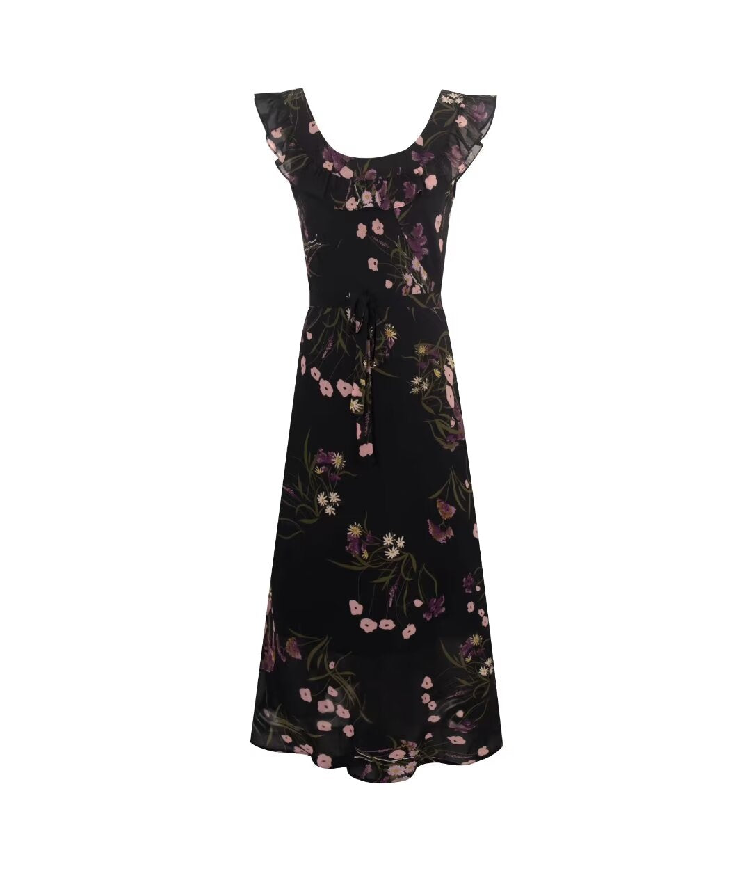 Women's V Neck Ruffled Two Way Suspender Dress Women Printed Slim Fit Tied Midi Dress