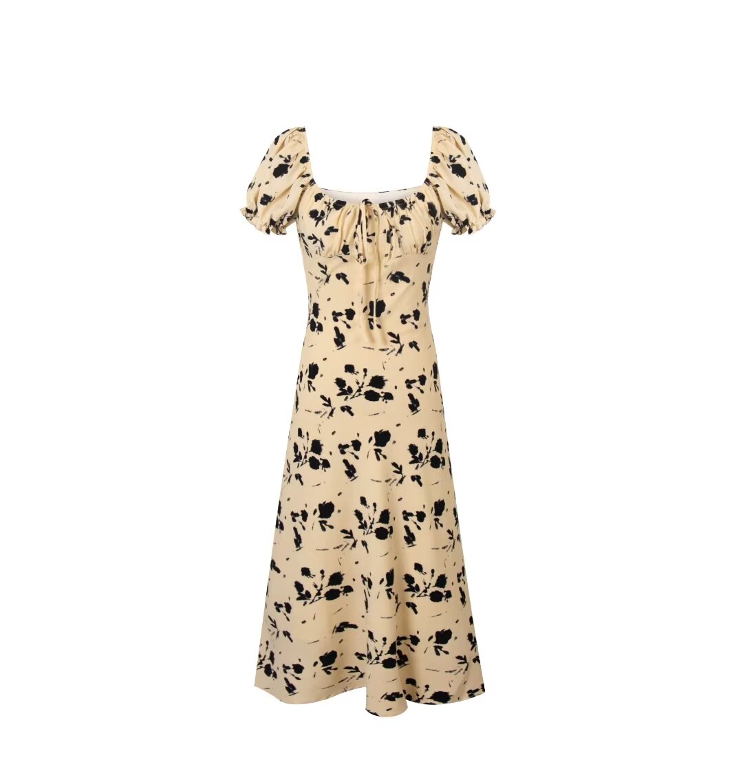 Women's French Vintage Floral Square Collar Puff Sleeve Dress Women Summer Waist Controlled Slimming Dress