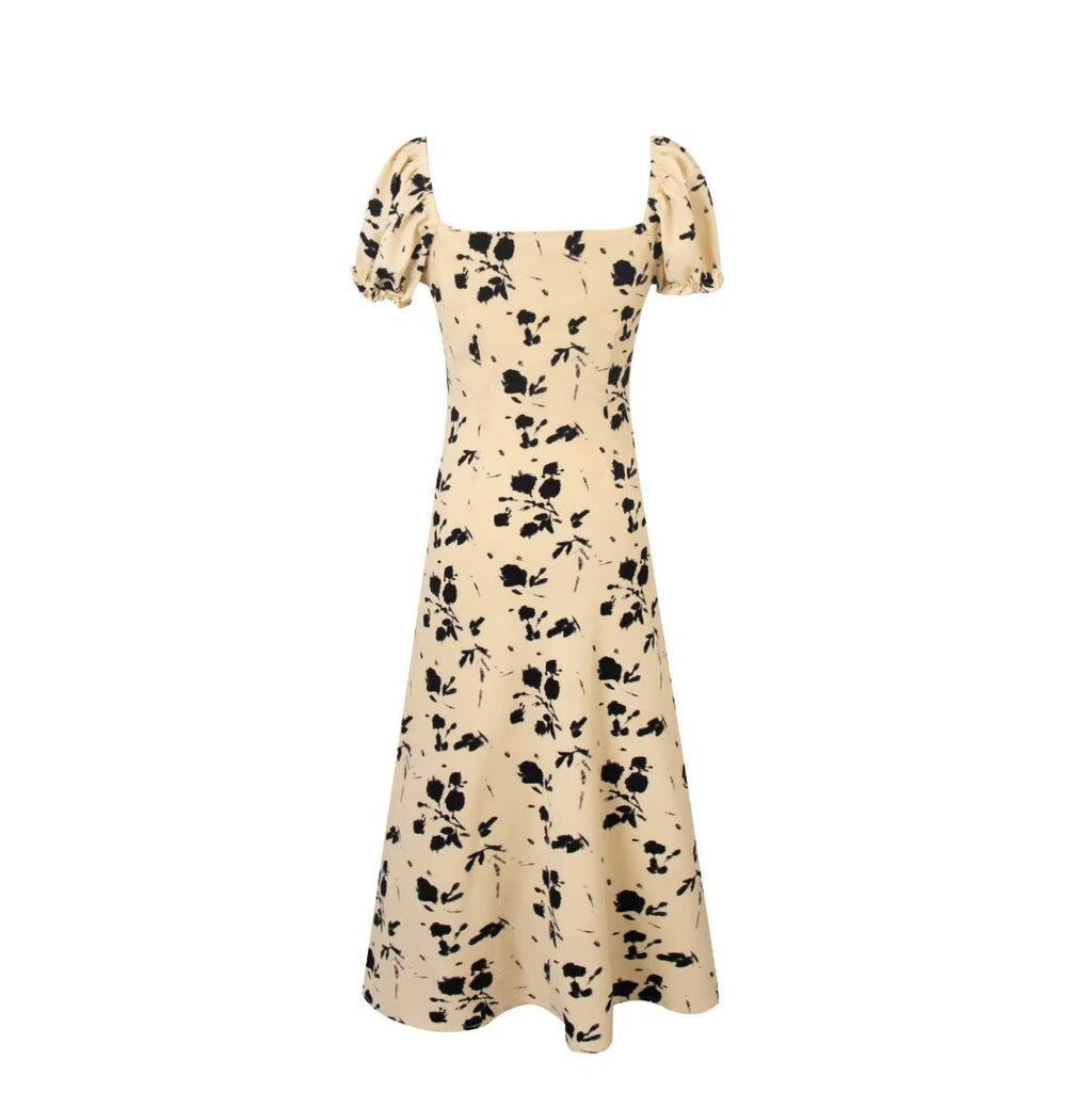 Women's French Vintage Floral Square Collar Puff Sleeve Dress Women Summer Waist Controlled Slimming Dress