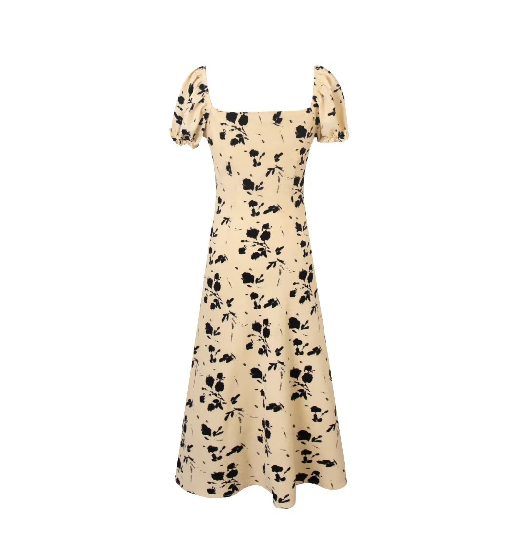 Women's French Vintage Floral Square Collar Puff Sleeve Dress Women Summer Waist Controlled Slimming Dress