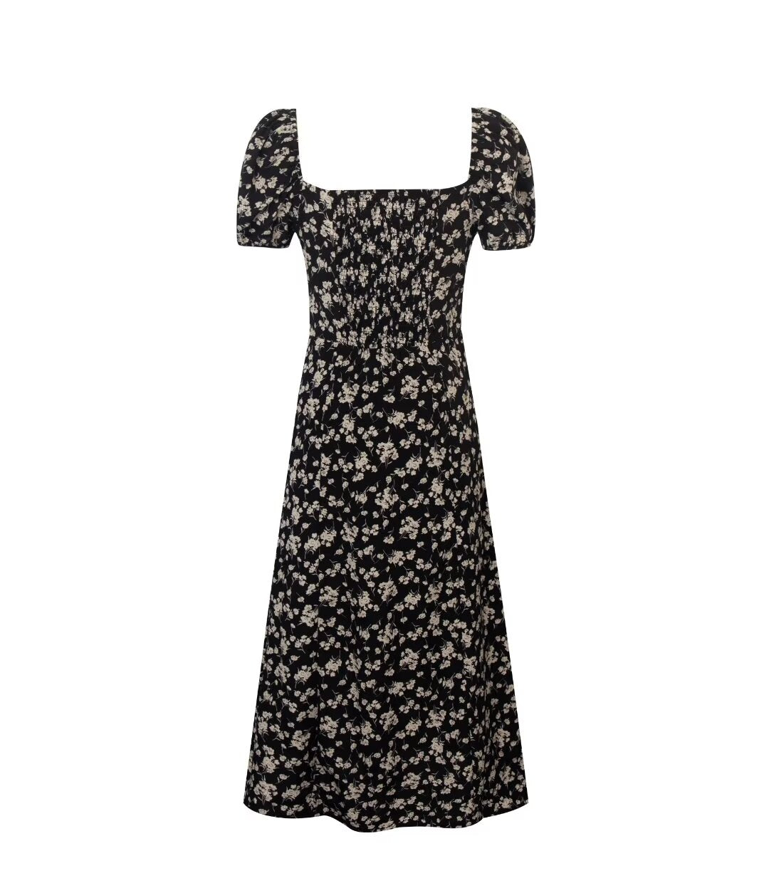 French Vacation Square-Neck Off-Shoulder Puff Sleeve Split Maxi Dress